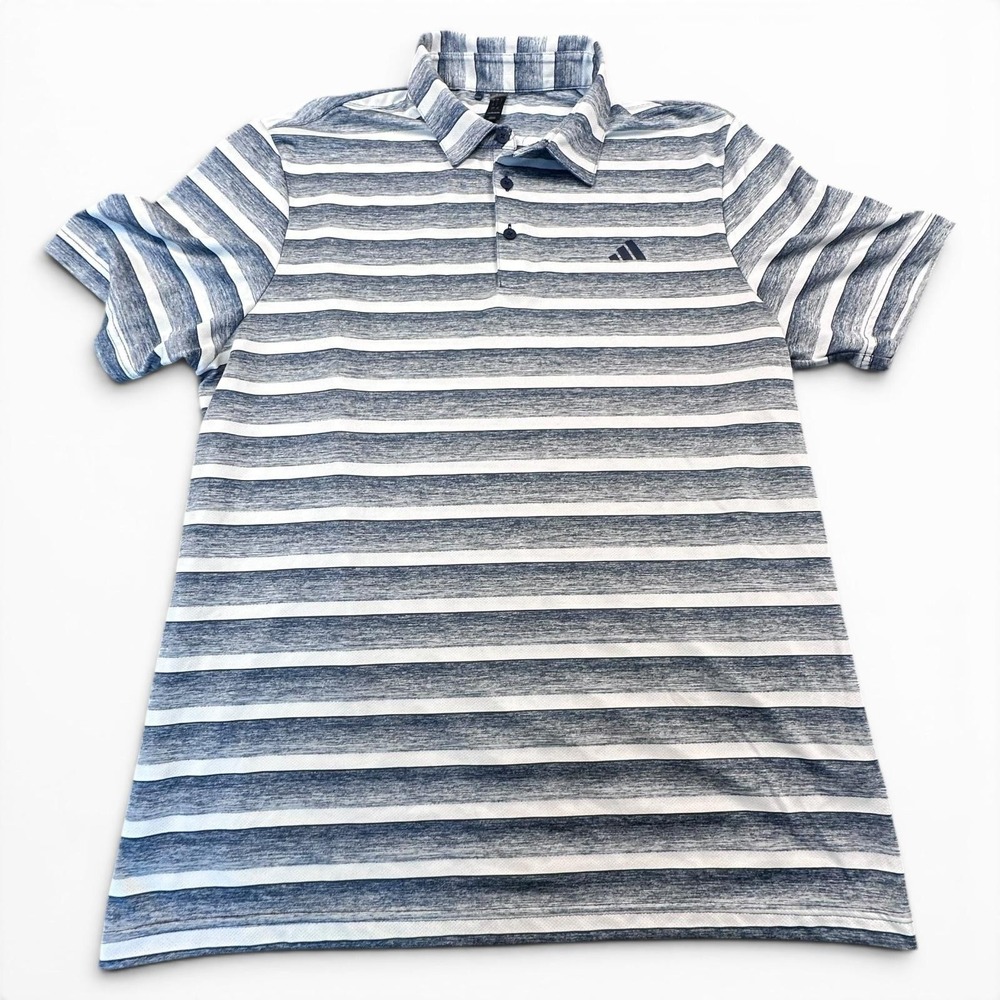 Adidas Polo Shirt Mens Large Blue Striped Short Sleeve Golf Performance Top